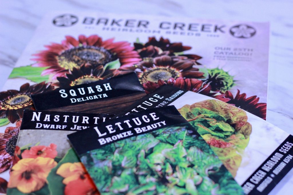 packets of garden seeds laying on a seed catalogue